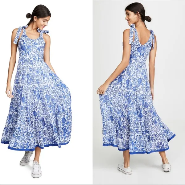 FREE PEOPLE Kikas Blue And White Floral Tie Shoulder Maxi Dress Size Medium - Image 12