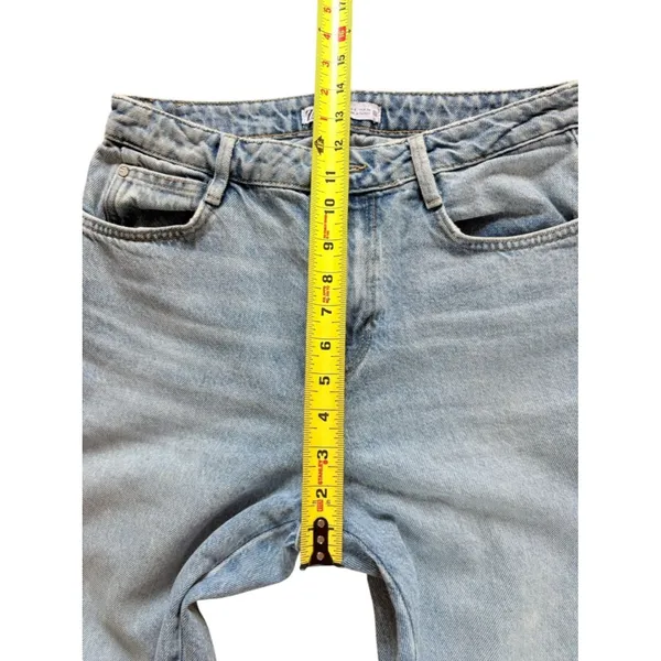 Zara The 90s Full Length High Rise Raw Hem Frayed Blue Jeans Size 6 Straight Leg - Image 5