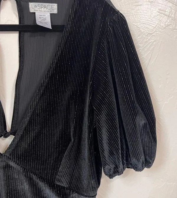 L*Space velvet metallic stripes black puff sleeve mini dress size Large - Image 4