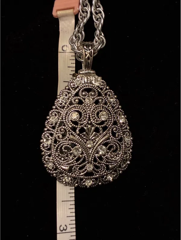 Gothic Victorian Revival Open Lace Teardrop Necklace Rhinestone Boho Pendant 18" - Image 3