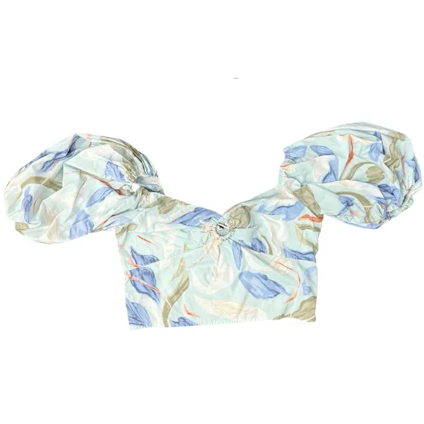 Abercrombie & Fitch Blue White Green Floral Smocked Puff Sleeve Crop Top size L - Image 10