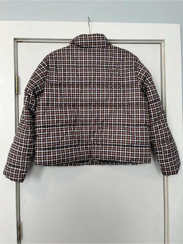 Time and Tru Brown White Black Check Plaid Cropped Puffer Jacket large - Image 7