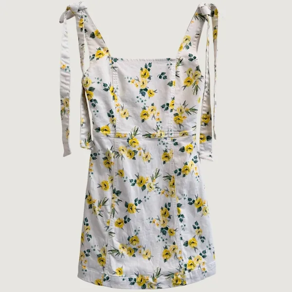 Alice + Olivia Maryann Tie Shoulder Mini Dress Yellow Floral White Denim Size 0 - Image 2