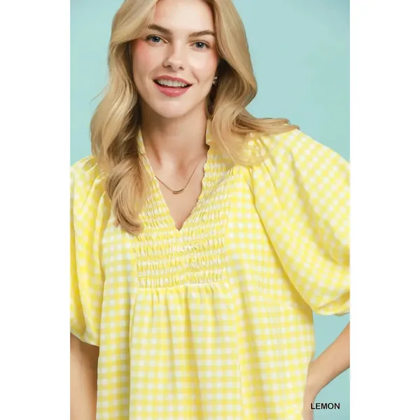 Umgee Smocked Yoke Puff Sleeve Gingham Blouse - Large - Lemon - Image 5