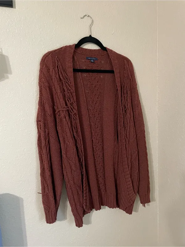 American Eagle Fringe Cable Knit Open Front Cardigan Rust Size XS/S Oversized - Image 6