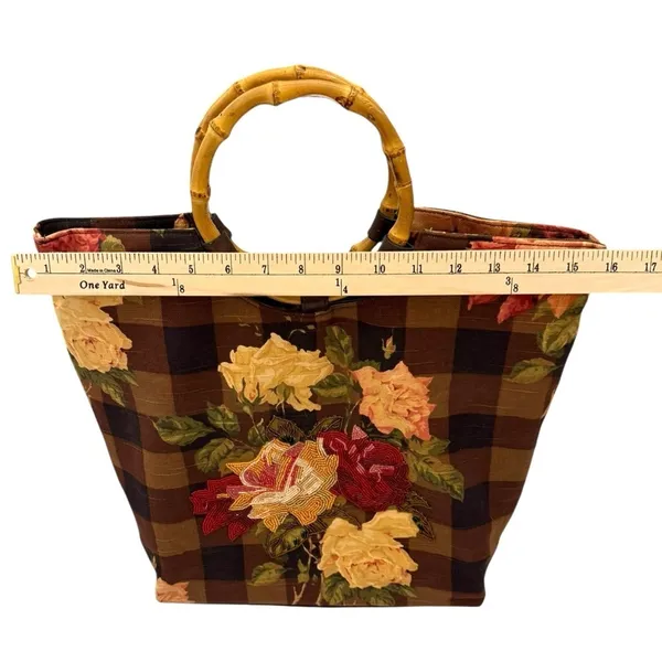 Cynthia Hart Los Angeles Floral Plaid Tote Bag Purse Bamboo Handles Gold Brown - Image 7