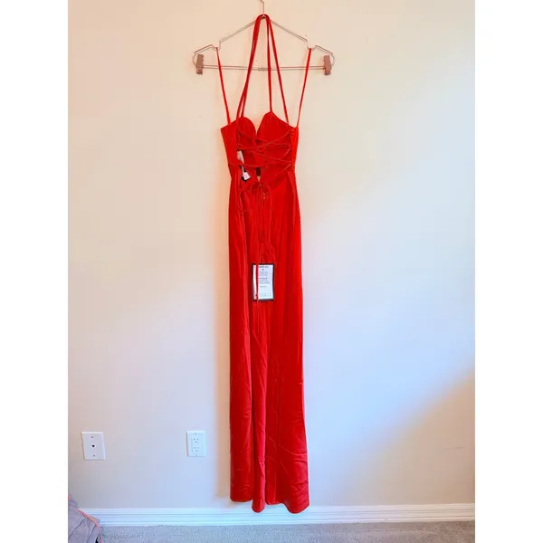 Seni & Cade Maxi Dress Women Small Tomato Red Satin Lace Up Back Gown 24S7EX3ATP - Image 4