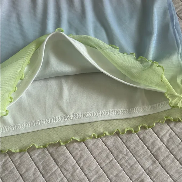 Dolls Kill Cute pastel ombré pull on mesh Y2K lettuce, trim, rave party mini skirt M - Image 3