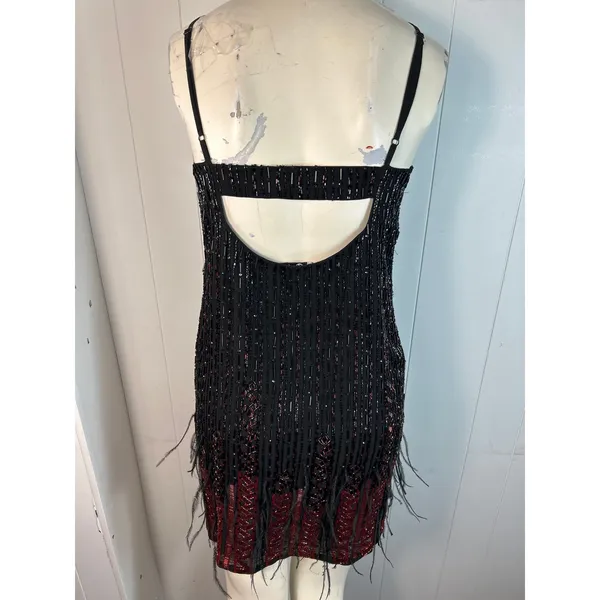 Parker Red/Black Monaco Beaded Feather Hem Flapper Mini Dress Size S - Image 8