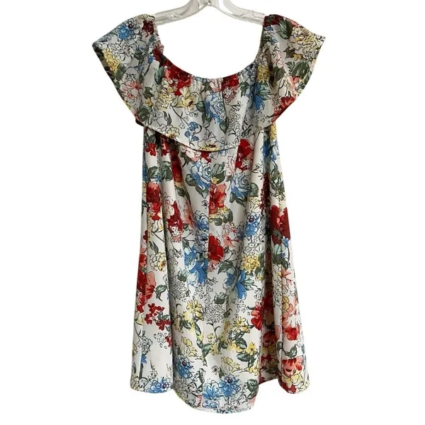 Abercrombie‎ & Fitch Floral Off-The-Shoulder Ruffle Mini Dress White Small - Image 3