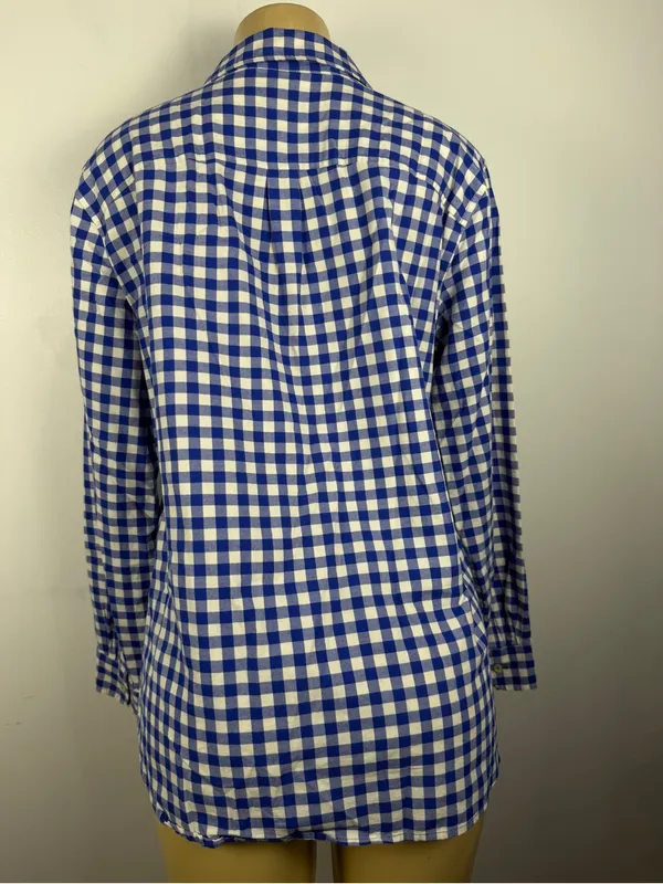 Talbots Gingham Plaid Shirt Sz L Button Front Blouse Top Blue Cotton Long Sleeve - Image 4