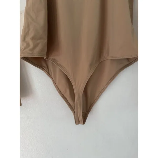 NWT Quince Second Skin Square Neck Long Sleeve Body Thong Bodysuit Mocha Large - Image 6