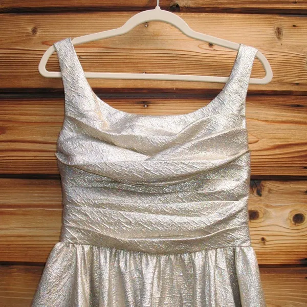 MAC DUGGAL Size 6 Gold Square Neck Pleated Sleeveless Midi Cocktail Dress Gown - Image 8