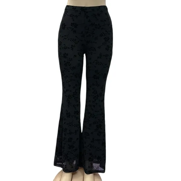 Source Unknown Black Mesh Floral Velvet Fully Lined High Waist Flare Stretch Pants Womens Small - Image 2