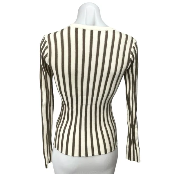 Commense Tan White Striped Knit Button V-Neck Long Sleeve Cardigan Sweater Top S - Image 2