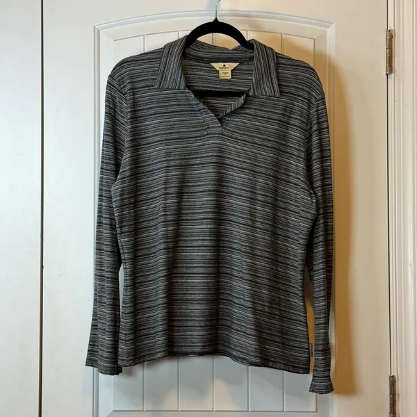Woolrich Womens XL Grey Striped Long Sleeve‎ Polo Shirt Collared Heritage Style - Image 3
