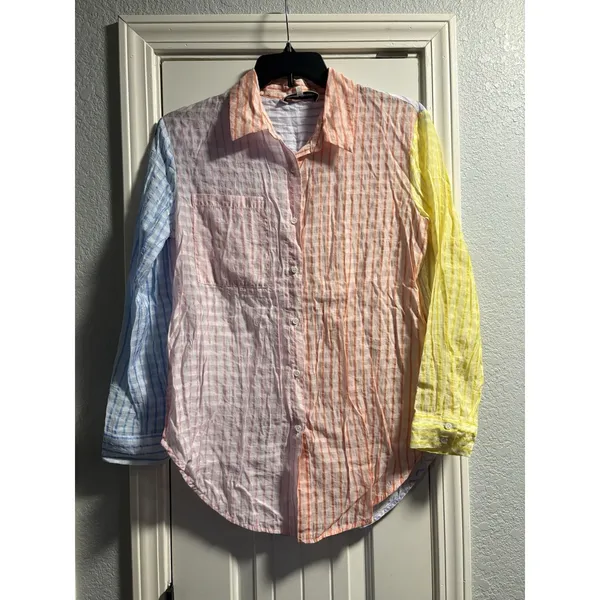 English Factory Button Down Shirt Womens Small Multicolor Pastel Gingham Striped - Image 2