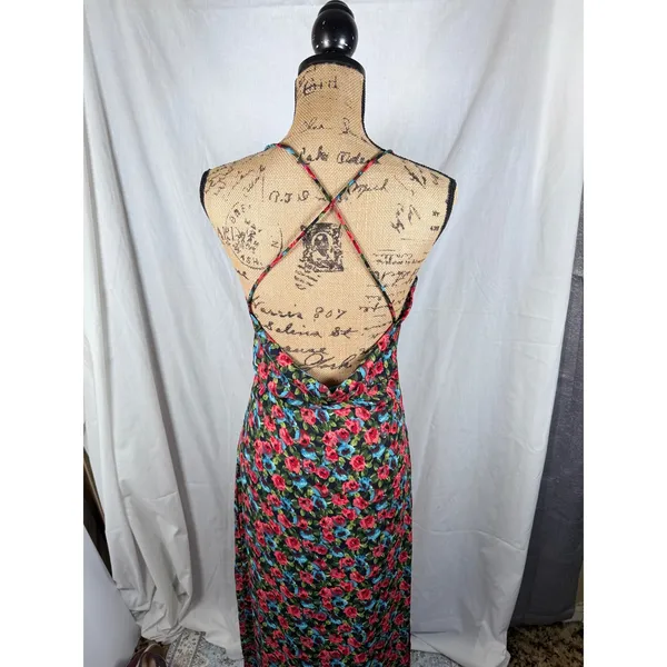 NastyGal Maxi Dress 2 Black Red Floral Open Cowl Back Side Slit‎ Dark Romance - Image 5
