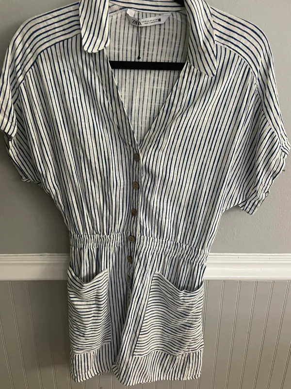 Blue White Stripe Lined Blend Button Down Shirt Short Romper Jumpsuit - Image 6