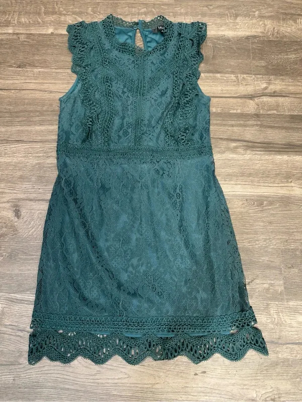 Lulus Teal Lace Fit & Flare Dress Size L Scalloped Hem - Image 2