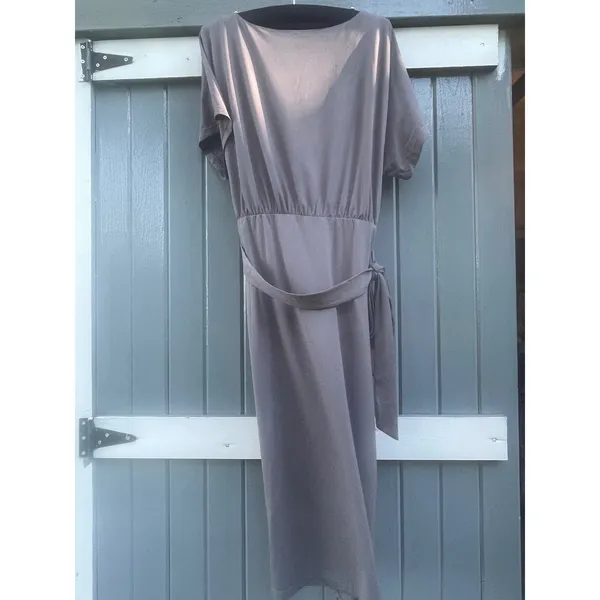 Halara Taupe Mauve Short Sleeve Elastic Waist Tie Belt Tulip Hem Midi Dress M - Image 2