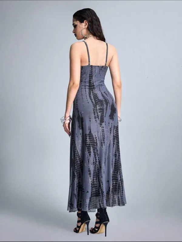 Sleek Gray Grunge Goth Plunge Maxi Dress with High Slit New - Image 3