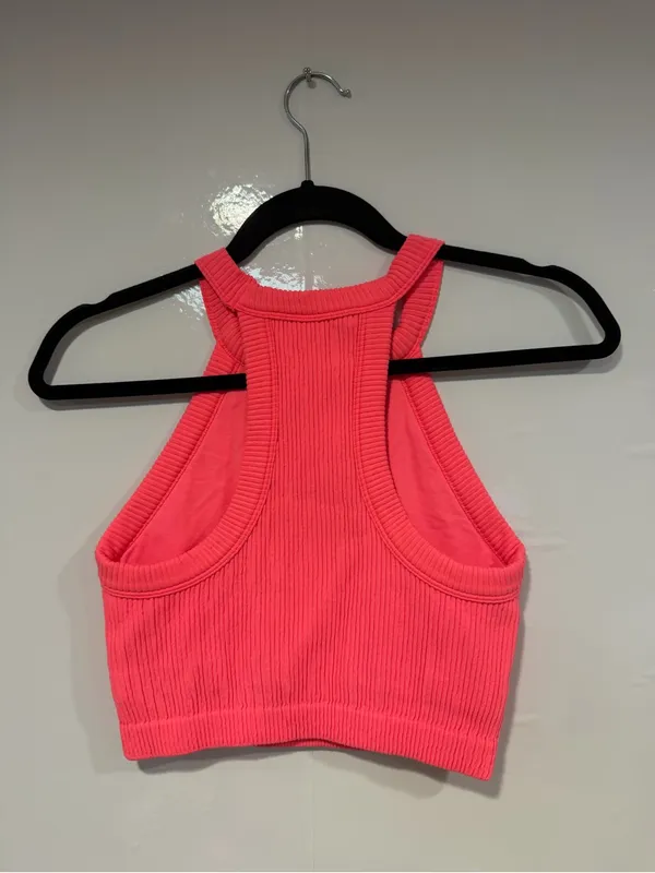 Ribbed Aerie High-Neck Crop Tank Top - Neon Pink - Image 3