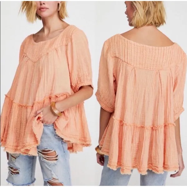 Free People Mystery Land Tunic Orange Cotton Gauze Tiered Boho Mini Dress Small‎ - Image 2