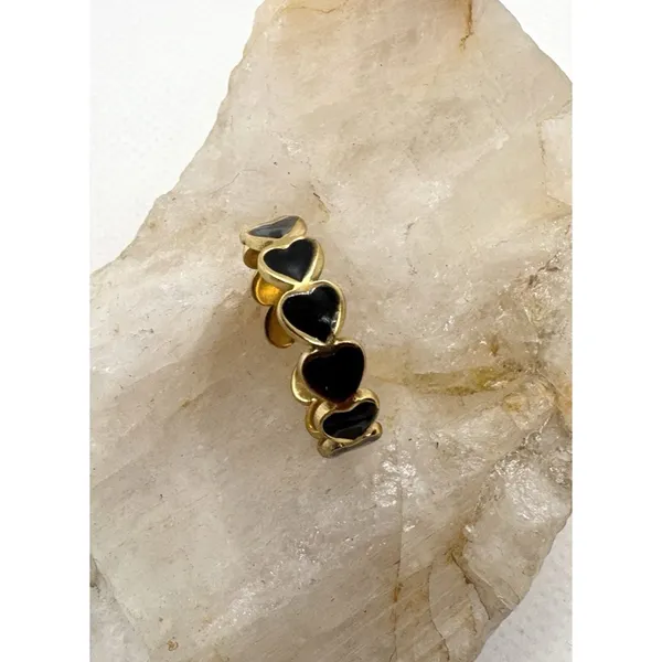 18K Gold‎ Plated Heart Enamel Band Ring Size 7 Open Adjustable Black Hearts Cute - Image 2