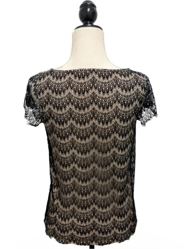 Ann Taylor Black Nude Sheer Lace Overlay Round Neck Short Sleeve Top Size S - Image 5