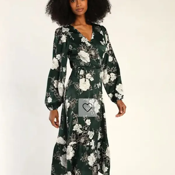 Lulus Women’s Sensationally So Emerald Green Floral Print Wrap Midi Dress Size Medium - Image 4