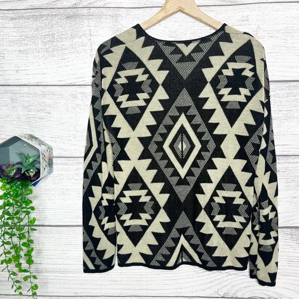 Say What? Black & Cream Aztec Open Front Cardigan Sweater Size Large Southwest - Image 6