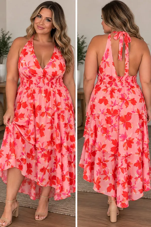 Madden NYC Halter Maxi Dress Size XXXL Pink Floral Ruffle High-Low - Image 2