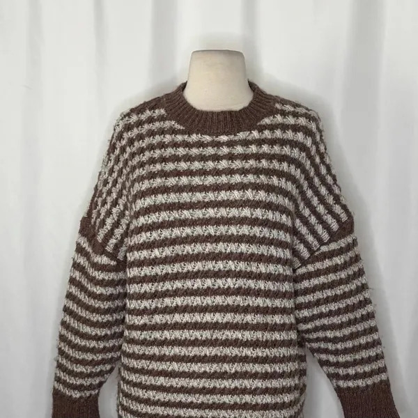 ZARA Wool Chunky Knit Oversized Sweater Brown Grey Stripes‎ Pullover Knit Small - Image 3