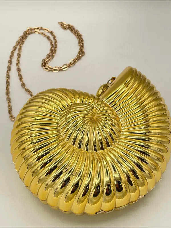 Gold Nautilus Shell Clutch Crossbody Purse Metallic Hard Case Evening Bag - Image 5