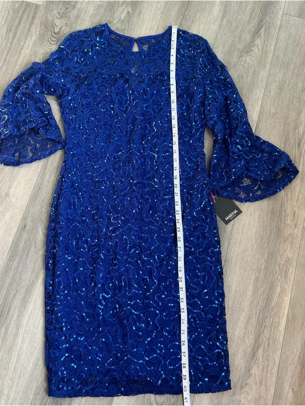 Marina Blue Sequin Lace Dress Size 12 Bell Sleeve Cocktail NWT - Image 10