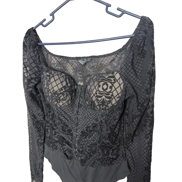 Windsor Black Flocked Velvet Mesh Corset Bodysuit Long Sleeve Square Neck Medium - Image 2