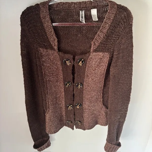 BKE Two Tone Brown Knit Long Sleeve Cardigan L Decorative Buttons Boho Western - Image 8