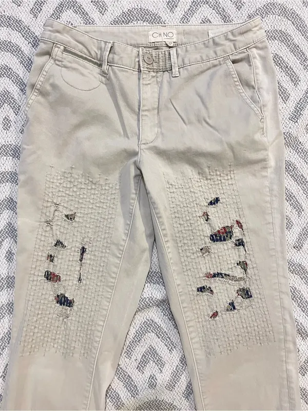 ANTHROPOLOGIE // CHINO Khaki Relaxed Floral Patched Distressed Chino Pants 28 - Image 2