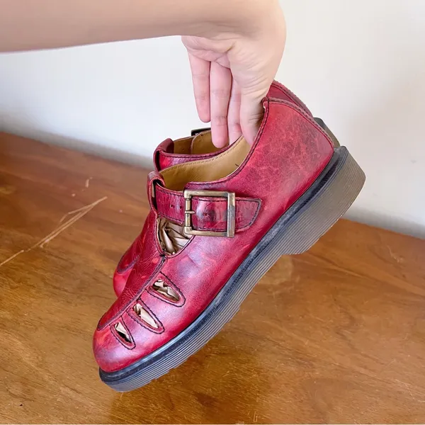Dr Martens • vintage 8251 t-strap mary janes cutout sandals red leather England - Image 7