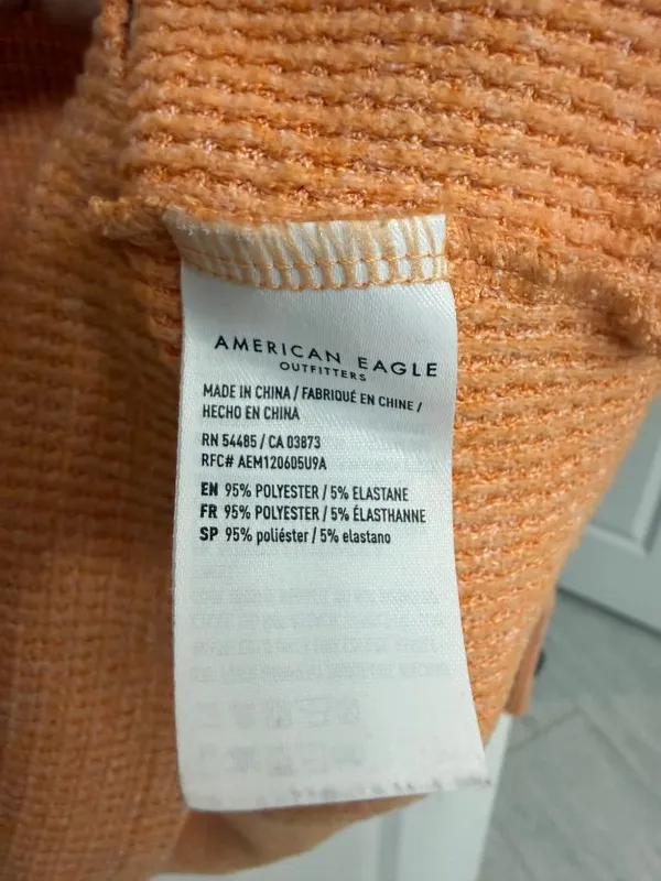 American Eagle Orange Waffle Knit Split Neck Long Sleeve Top Large - Image 5