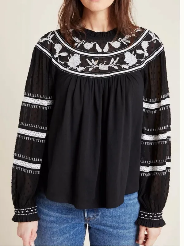 Maeve Anthropologie Winona Lace Embroidered Top Blouse Black White Size Small - Image 10