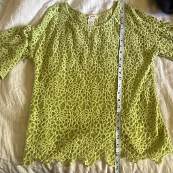 Sundance Light Sage Green Lace Embroidered Mesh Textured Short Sleeve Blouse - Image 7