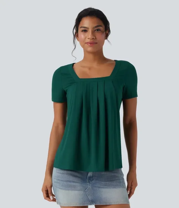 Halara Square Neck Short Sleeve Casual Blouse - Rain Forest - Image 3