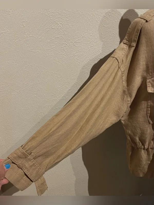 Zara Basic Women’s Size XS Tan 100% Linen Jacket Brown Utility Military Safari - Image 6