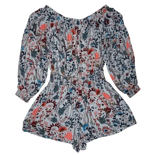 Free People M Floral Long Sleeve Off Shoulder Romper Open Back‎ Shorts Blouson - Image 7