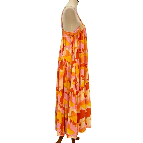 Abel The Label Boho Abstract Tiered Trapeze Maxi Dress Orange Pink, Size M - Image 6