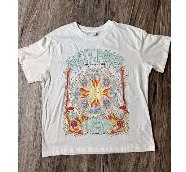 Bershka white multicolor Oversized shirt size Small "witchery time" mystic power - Image 9