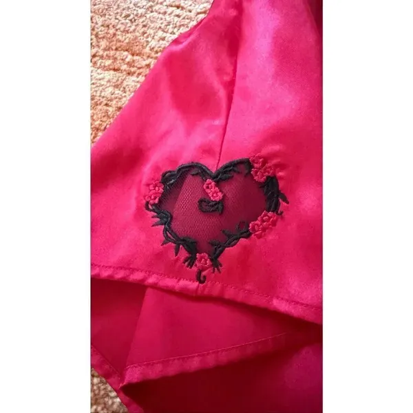 Red Satin Sleep Shorts Heart Embroidery Lingerie Size S - Image 3