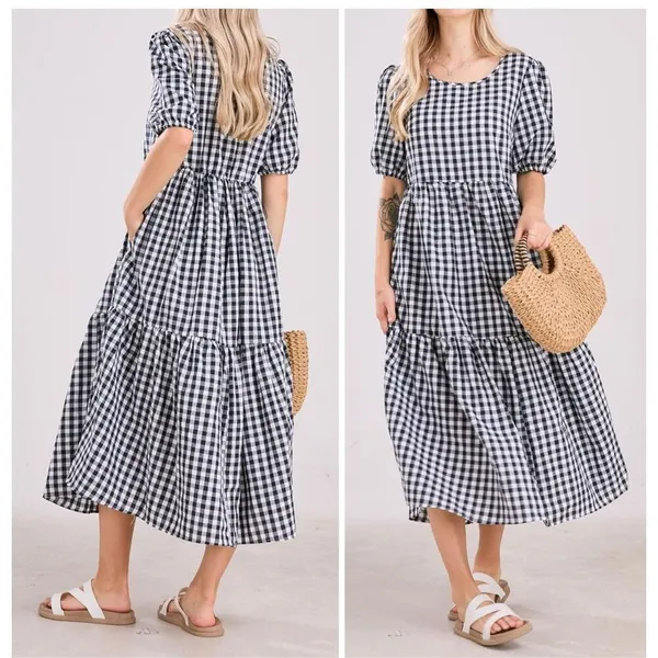 NEW Lantern Puff Sleeve Plaid Gingham Swing Tiered Midi Dress M - Image 2